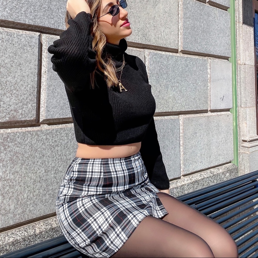 High Waisted Split Hem Plaid Mini Skirt